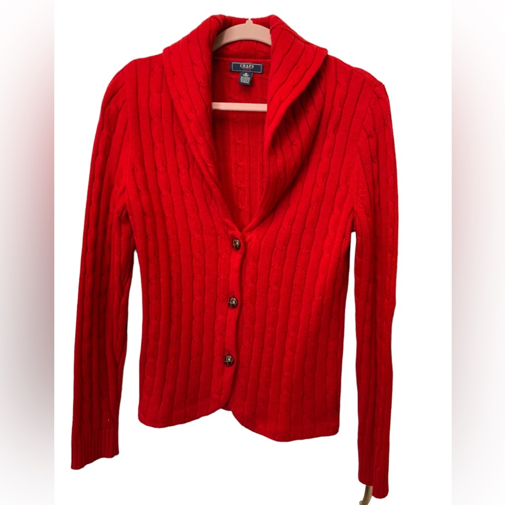 Chaps Denim Women’s Size M Cardigan Professor Sweater Cable Knit w/ Elbow Patch